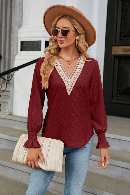 V-Neck Flounce Sleeve Blouse Burgundy Fitggins