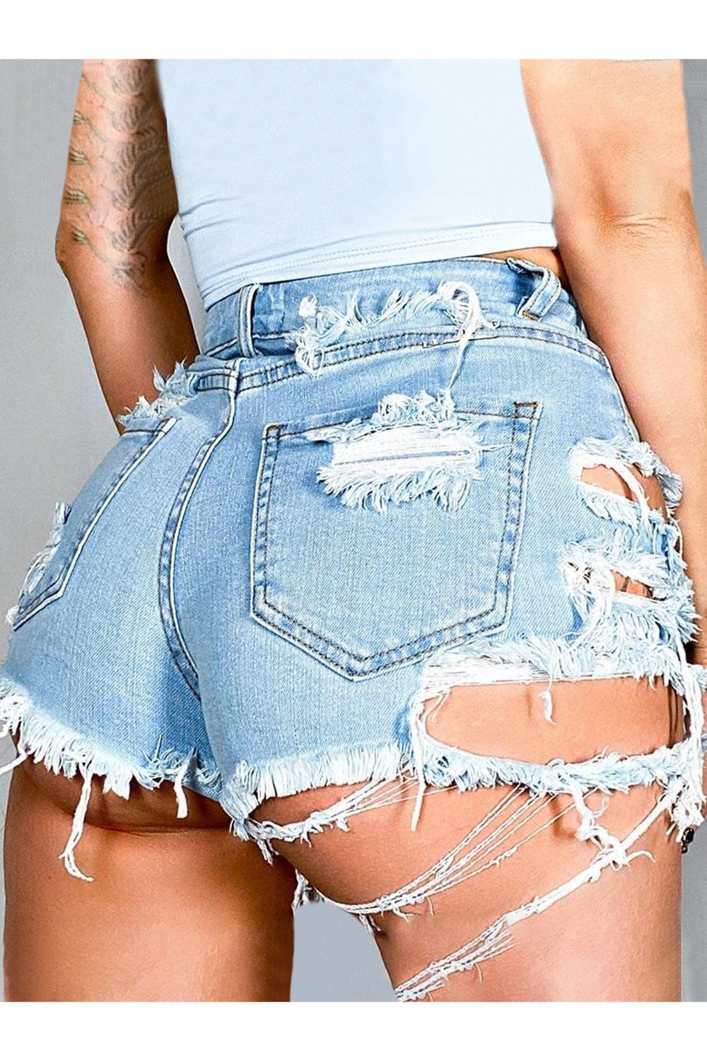 Distressed Raw Hem Denim Shorts with Pockets - Denim Shorts - FITGGINS