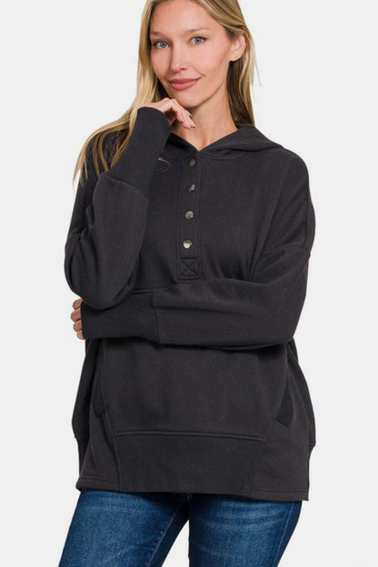 Zenana Half Snap Long Sleeve Hoodie with Kangaroo Pocket - Sweatshirts & Hoodies - FITGGINS