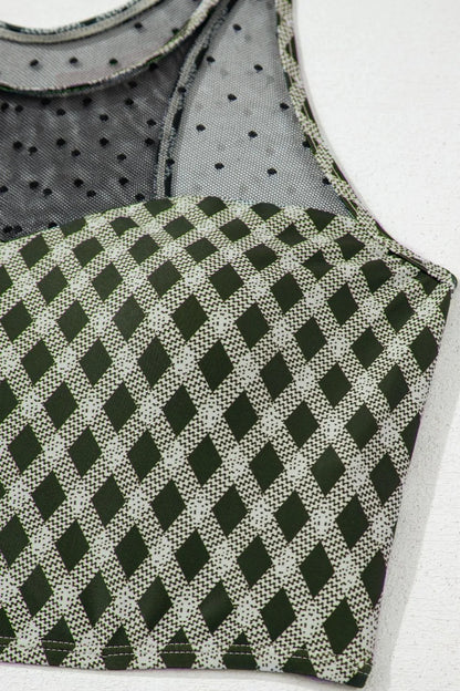 Dotted Mesh Plaid Patchwork High Waisted Swim Set Fitggins