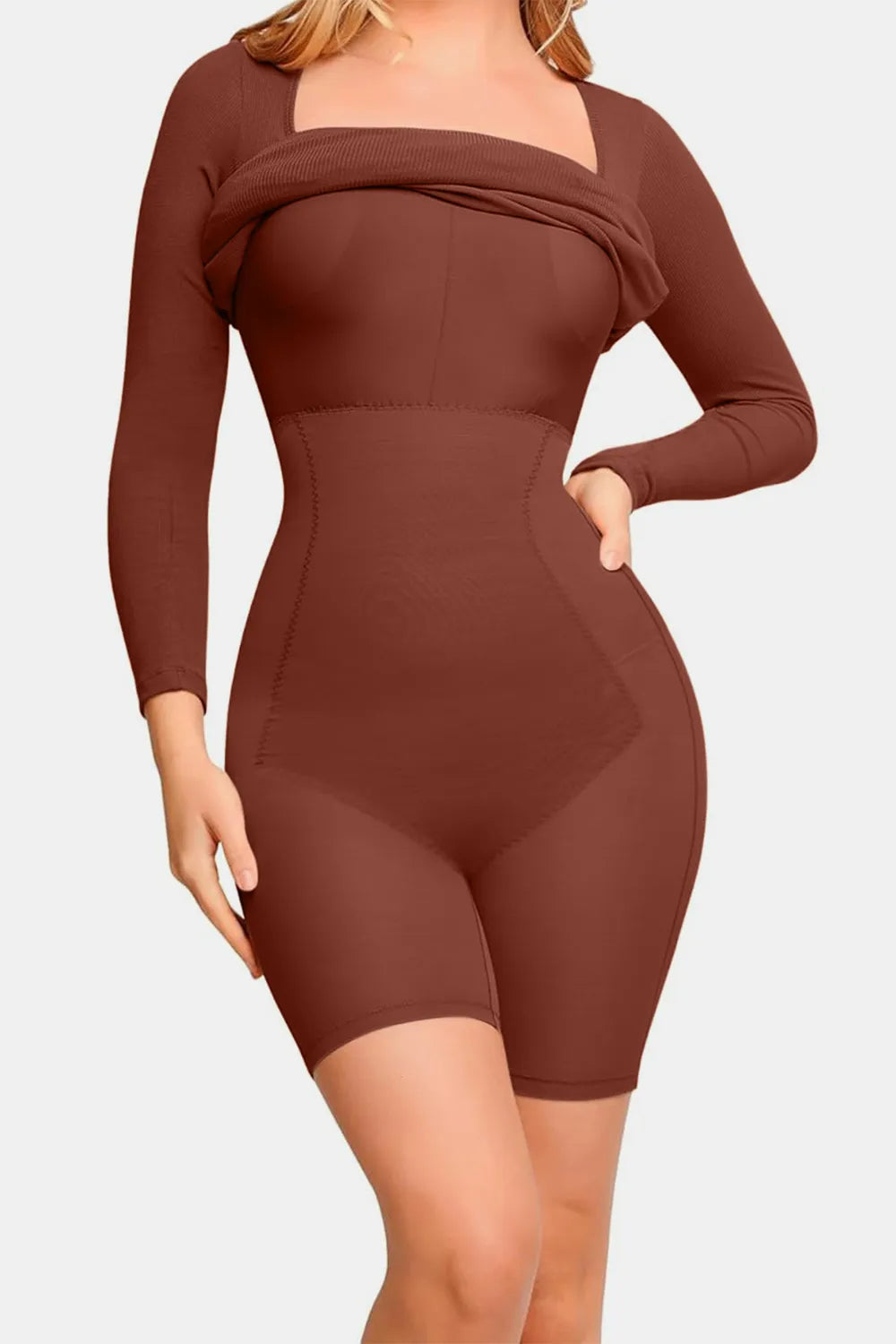Basic Bae Full Size Built-In Shapewear Square Neck Long Sleeve Dress Fitggins