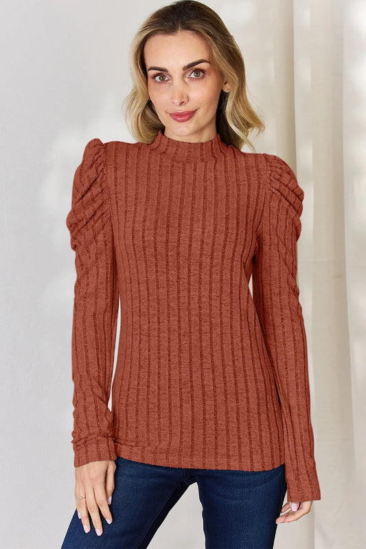 Basic Bae Full Size Ribbed Mock Neck Puff Sleeve T-Shirt Rust Fitggins