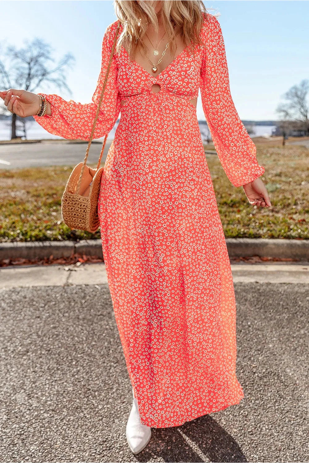 Printed V-Neck Long Sleeve Midi Dress - Casual & Maxi Dresses - FITGGINS