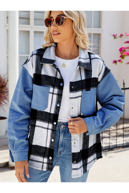 Pocketed Plaid Snap Down Denim Jacket - Denim Jackets - FITGGINS