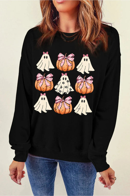 Pumpkin & Ghost Round Neck Long Sleeve Sweatshirt - Sweatshirts & Hoodies - FITGGINS