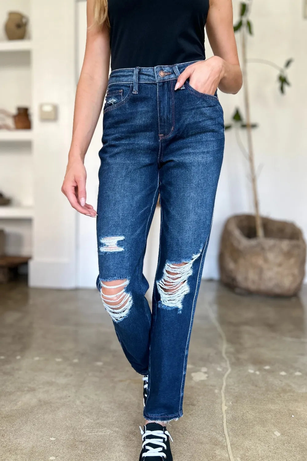 Judy Blue Full Size High Waist Rigid Magic Heavy Destroy Straight Jeans Dark Fitggins