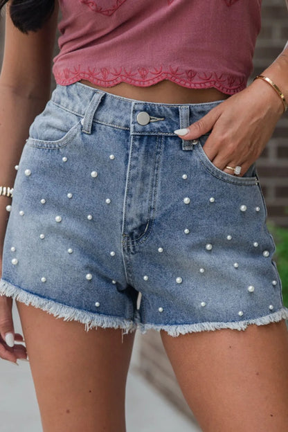 Pearl Beaded Raw Hem Wash Denim Shorts Medium Fitggins