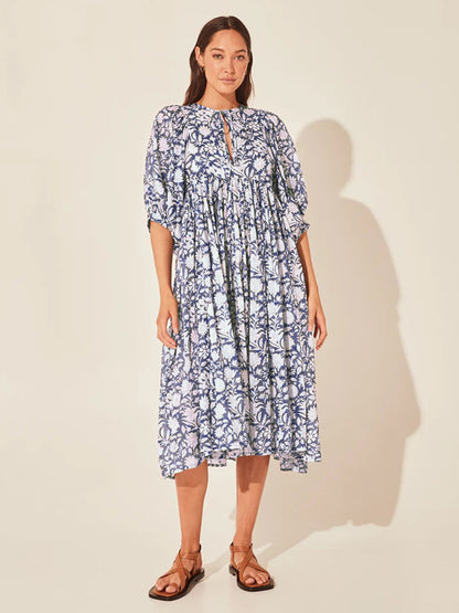 Floral Tie Neck Lantern Sleeve Dress Dark Blue Fitggins