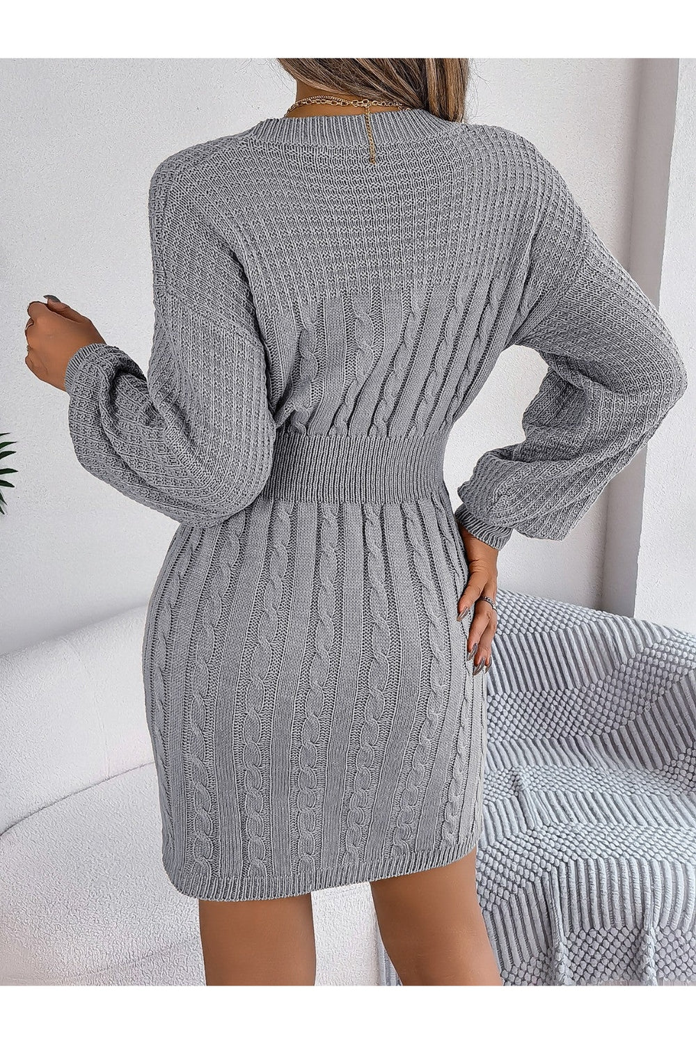 Cable-Knit Cutout Round Neck Slit Sweater Dress - Sweater Dresses - FITGGINS