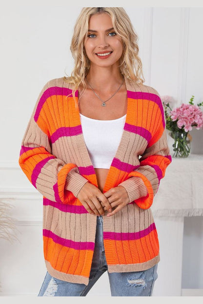 Contrast Striped Drop Shoulder Open Front Cardigan - Cardigans - FITGGINS