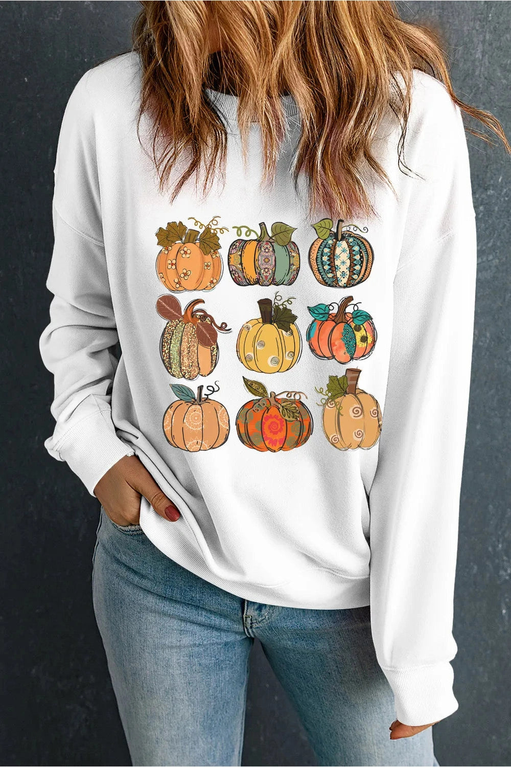 Pumpkin Graphic Long Sleeve Sweatshirt - Sweatshirts & Hoodies - FITGGINS