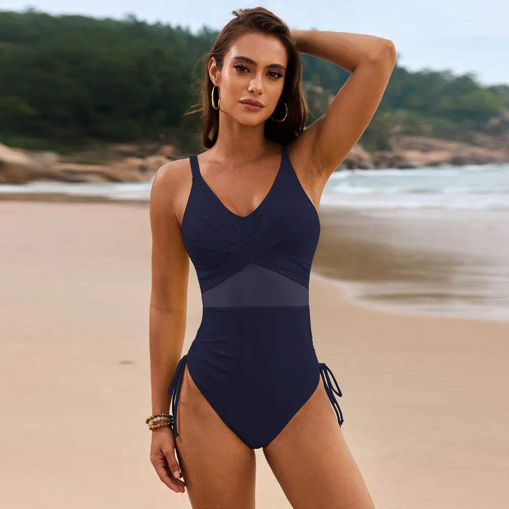 Drawstring Ruched V-Neck One-Piece Swimwear Dark Navy Fitggins