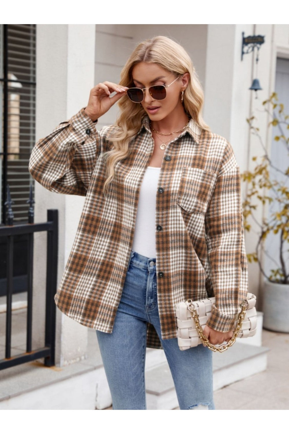 Mandy Pocketed Plaid Collared Neck Long Sleeve Shirt - Shirts - FITGGINS