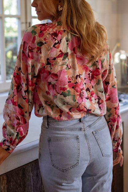Frill Floral Long Sleeve Button Down Shirt Fitggins