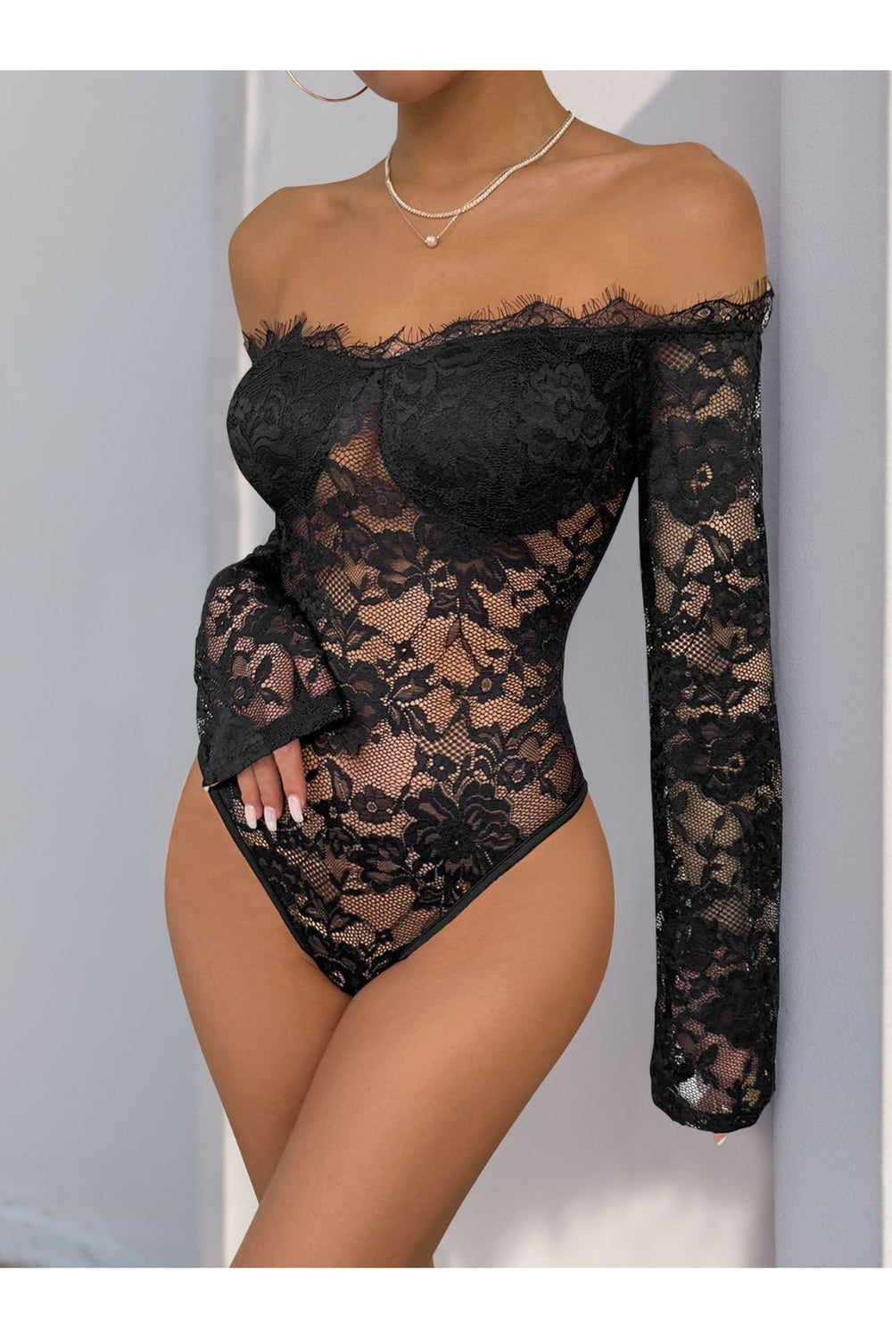 Perfee Lace Off-Shoulder Long Sleeve Bodysuit - Bodysuit - FITGGINS