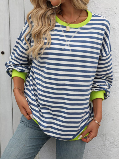 Striped Round Neck Dropped Shoulder Sweatshirt Fitggins