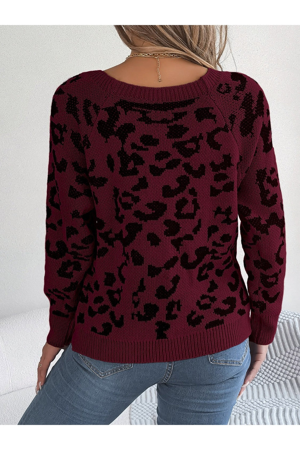 Leopard Buttoned Square Neck Sweater - Pullover Sweaters - FITGGINS