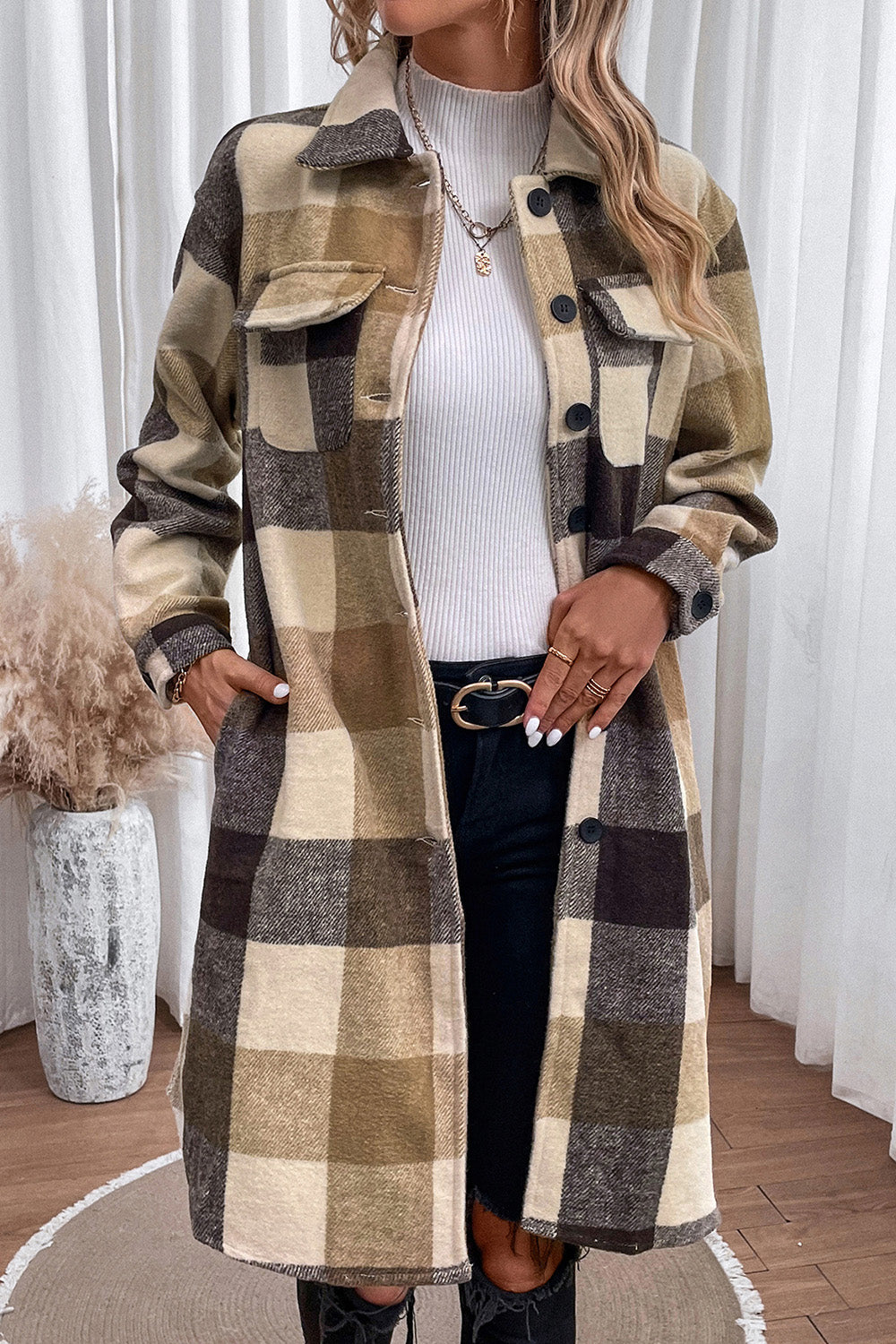 Plaid Button Down Longline Coat - Jackets - FITGGINS