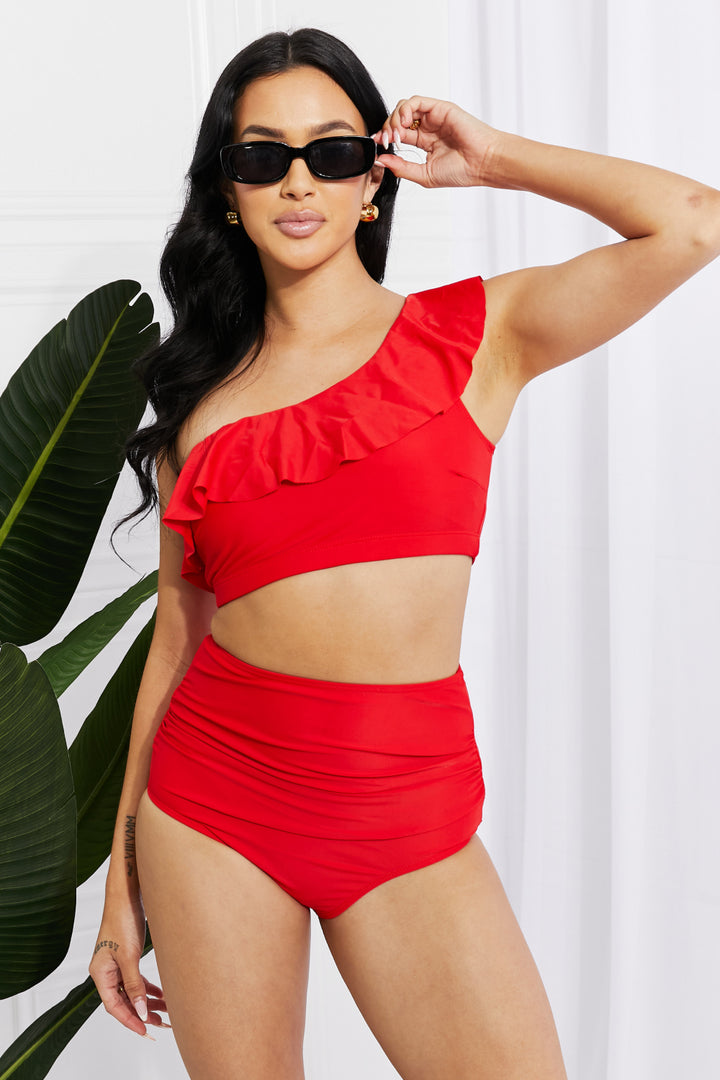 Marina West Swim Seaside Romance Ruffle One-Shoulder Bikini in Red - Bikinis & Tankinis - FITGGINS