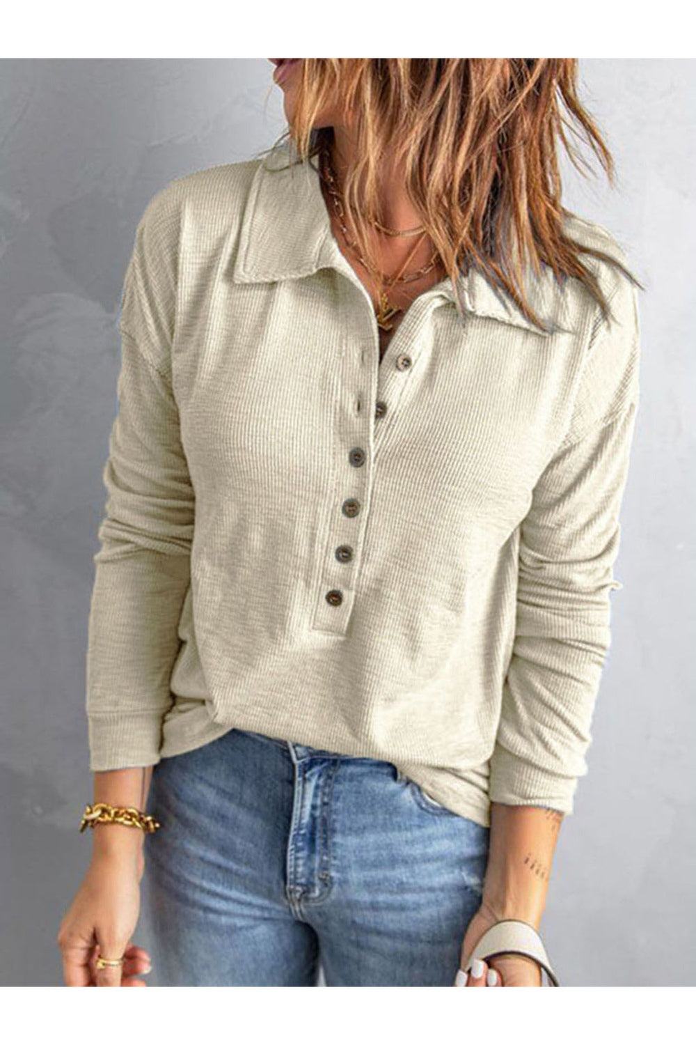 Collared Neck Half Button Top - Blouses - FITGGINS