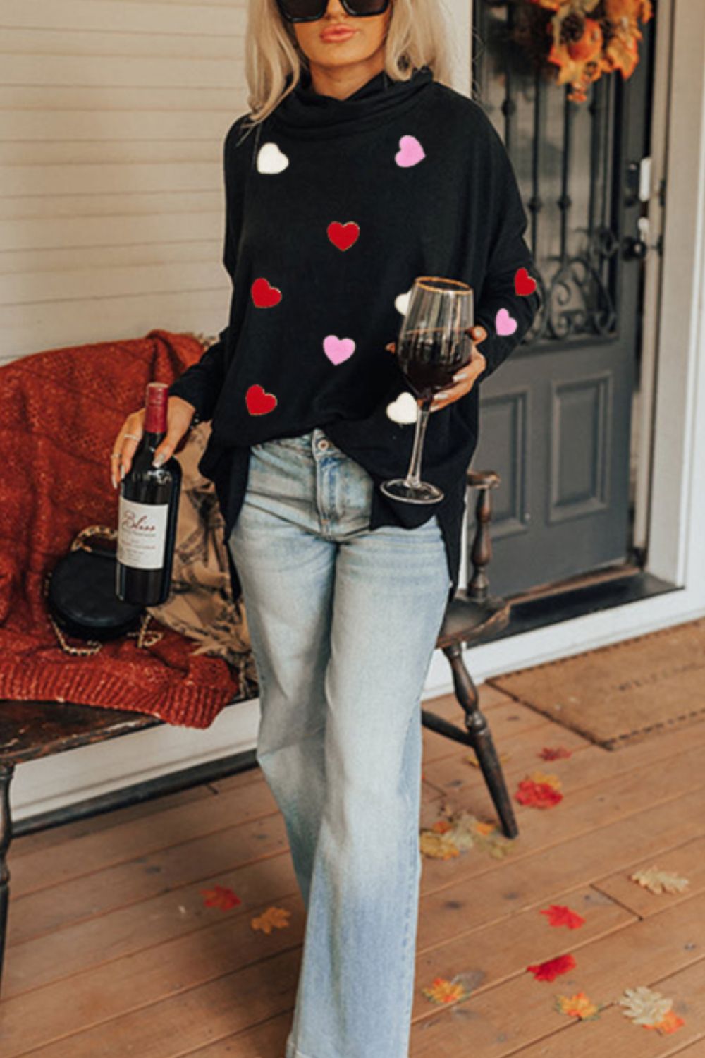 Valentine’s Day Heart Patched Turtleneck Long Sleeve Top - Sweatshirts & Hoodies - FITGGINS