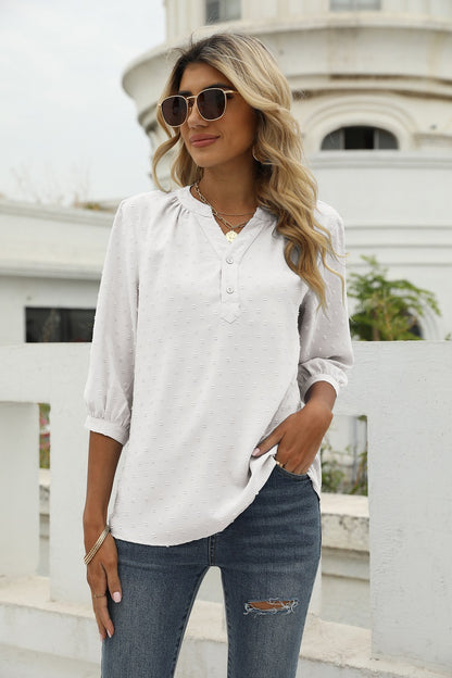 Swiss Dot Notched Neck Three-Quarter Sleeve Blouse White Fitggins