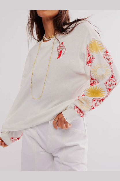 Embroidered Round Neck Long Sleeve Sweatshirt - Sweatshirts & Hoodies - FITGGINS