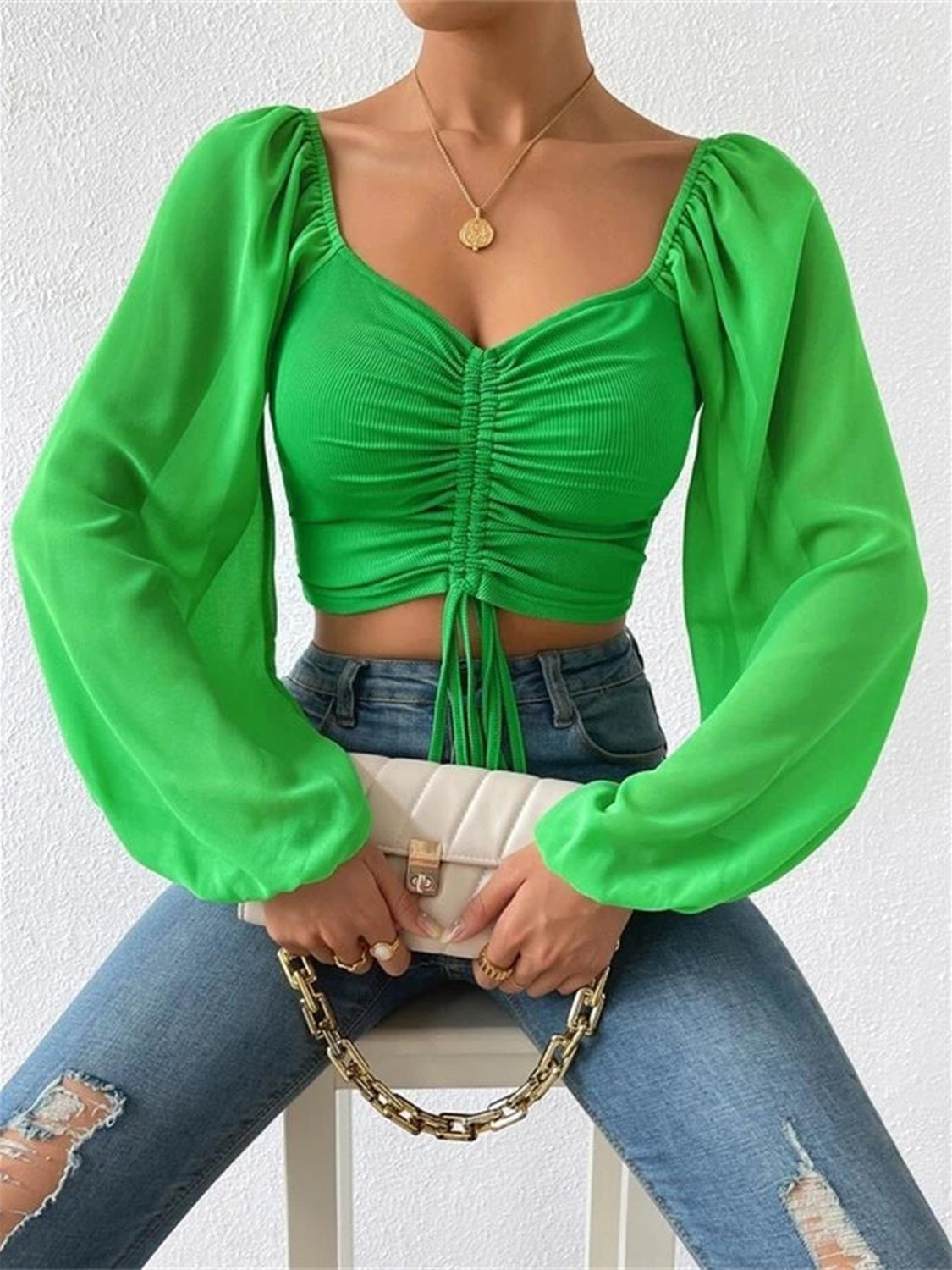 Drawstring Sweetheart Neck Cropped Top Mid Green Fitggins
