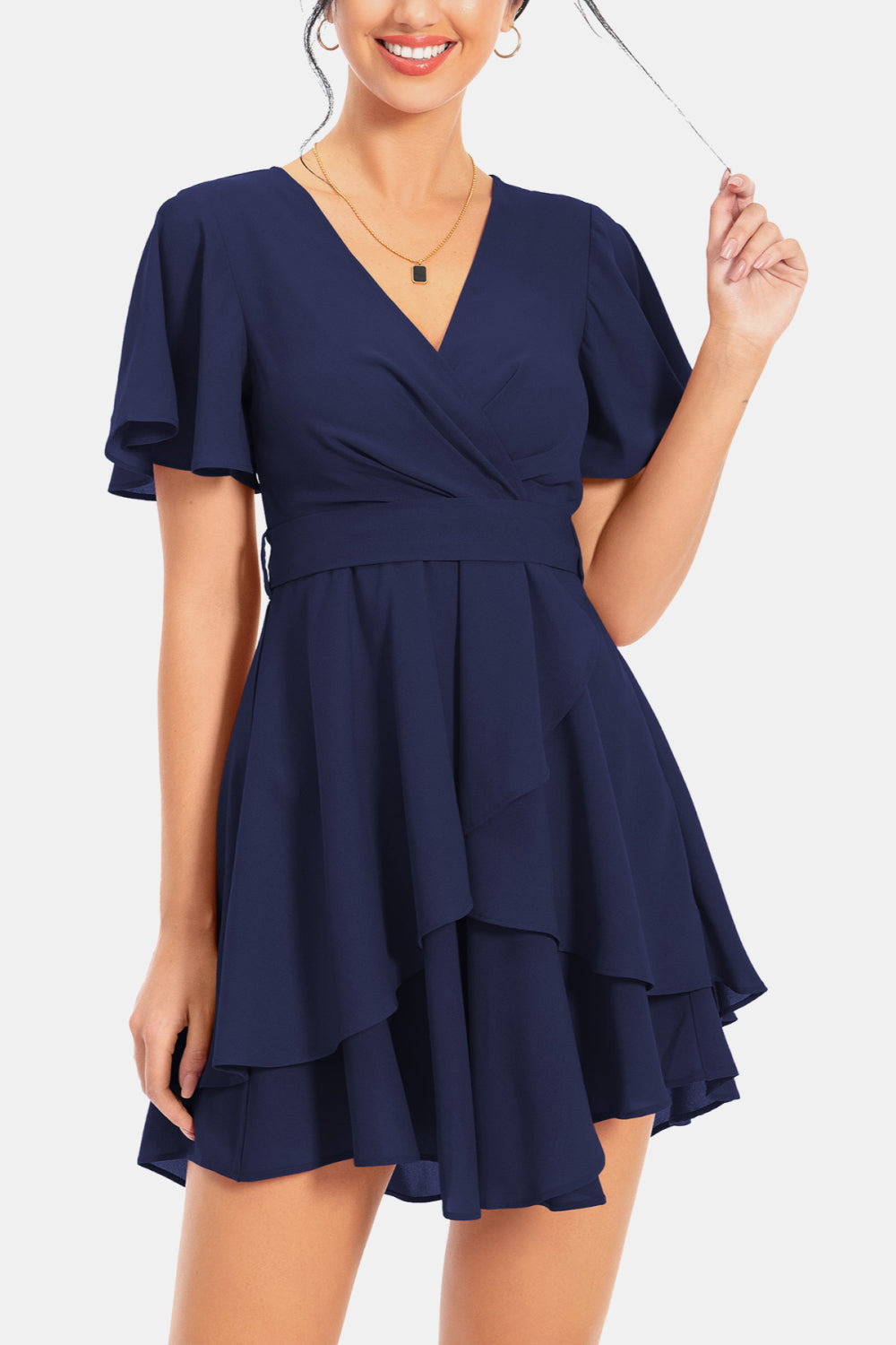 Surplice Neck Flutter Sleeve Dress - Casual & Maxi Dresses - FITGGINS