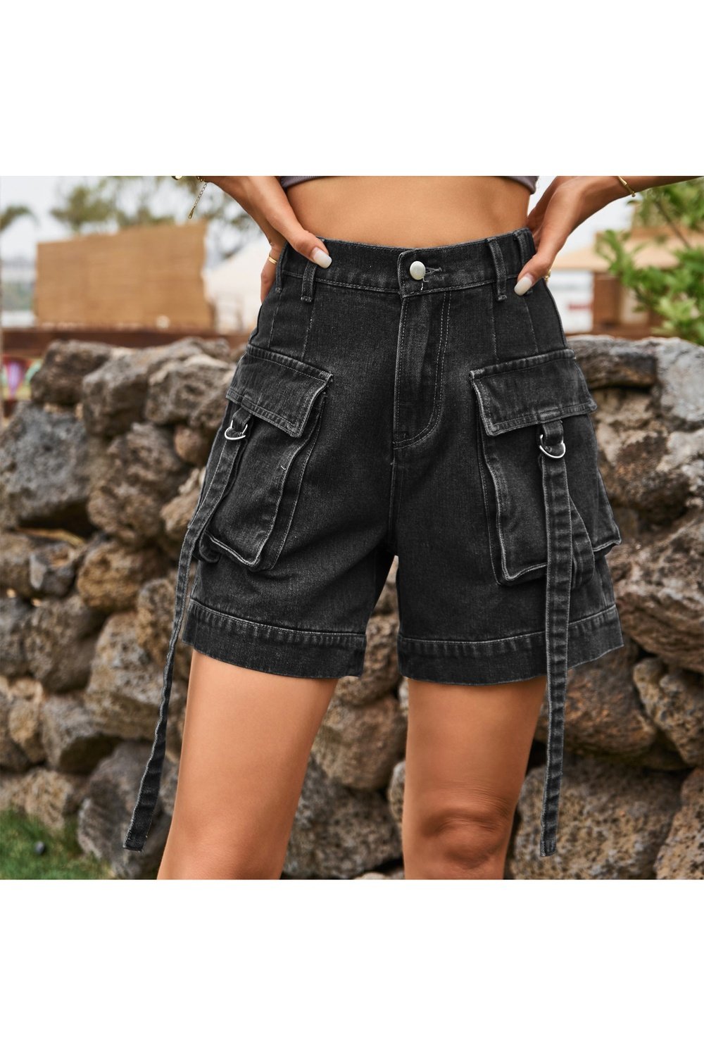 High Waist Denim Cargo Shorts - Denim Shorts - FITGGINS