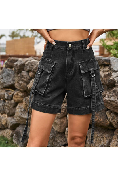 High Waist Denim Cargo Shorts - Denim Shorts - FITGGINS