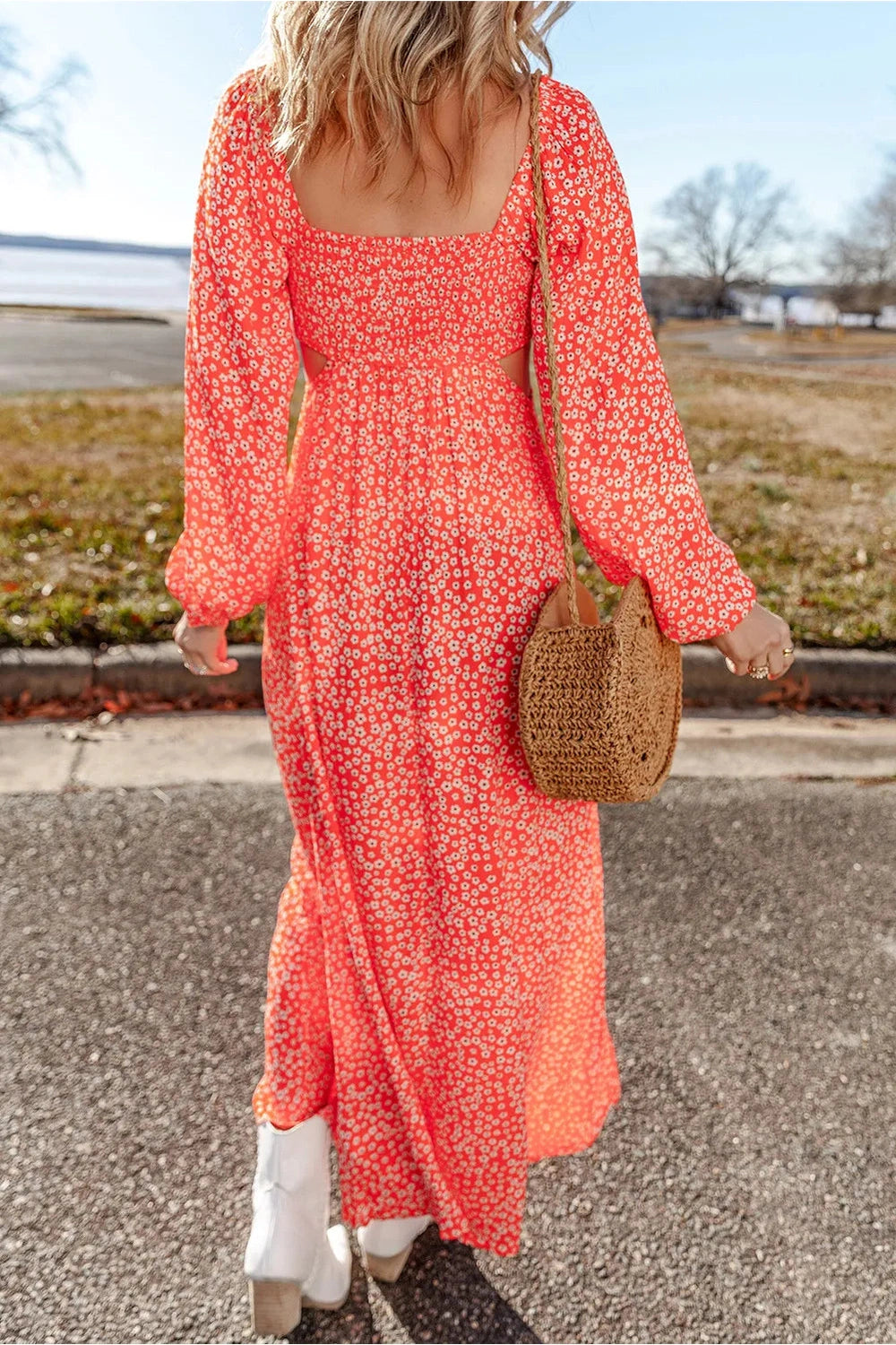 Printed V-Neck Long Sleeve Midi Dress - Casual & Maxi Dresses - FITGGINS