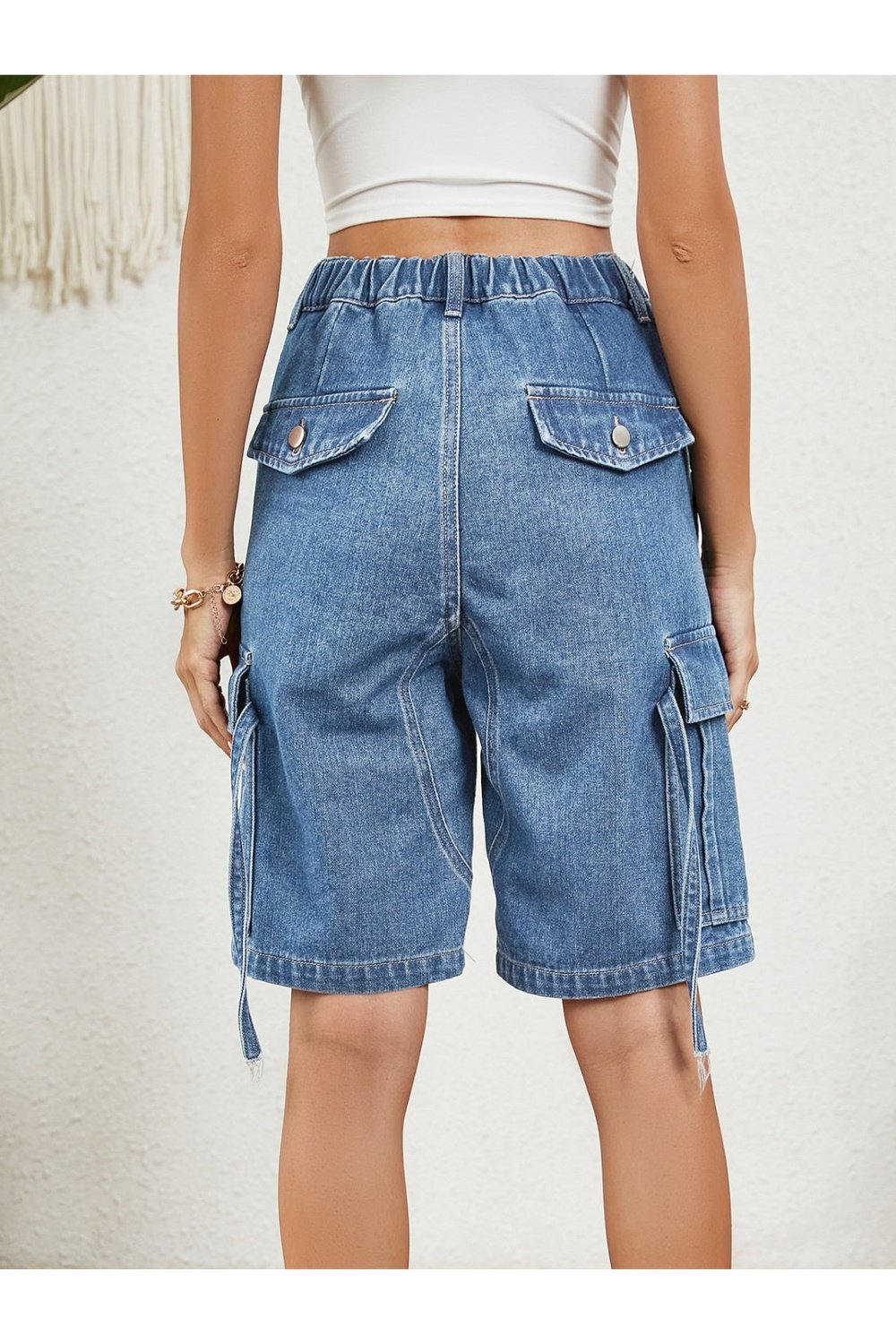 High Waist Denim Shorts with Pockets - Denim Shorts - FITGGINS