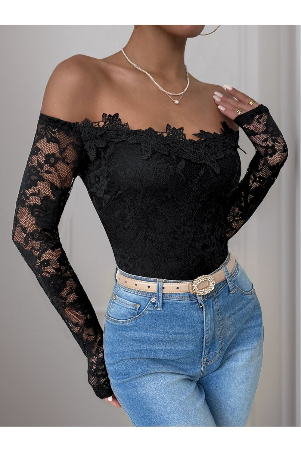 Perfee Lace Off-Shoulder Long Sleeve Bodysuit - Bodysuit - FITGGINS