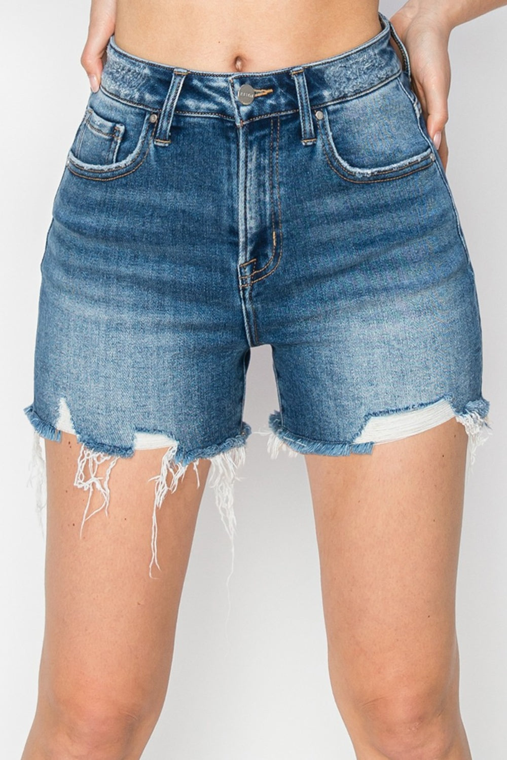 RISEN High Rise Raw Hem Distressed Denim Shorts - Denim Shorts - FITGGINS