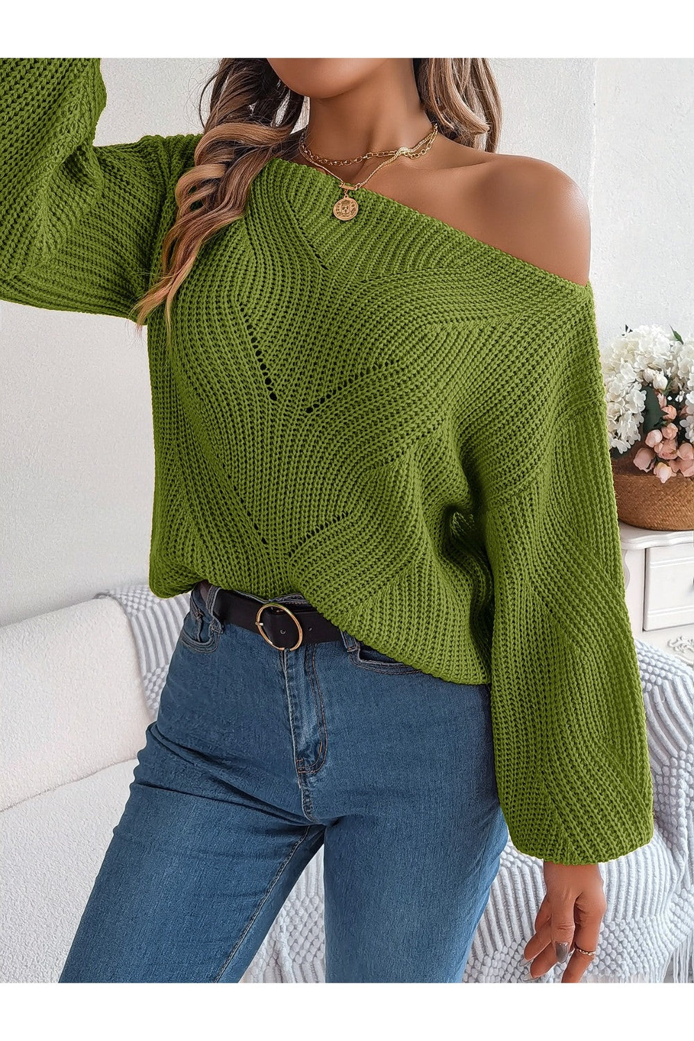 Openwork Long Sleeve Sweater - Pullover Sweaters - FITGGINS