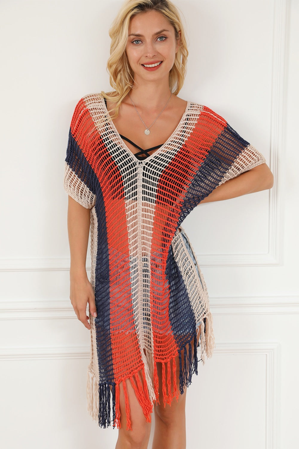 Tassel Color Block V-Neck Cover Up - Cover-Ups - FITGGINS