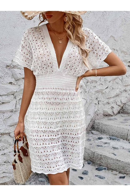 Openwork Plunge Short Sleeve Cover-Up Dress - Cover-Ups - FITGGINS