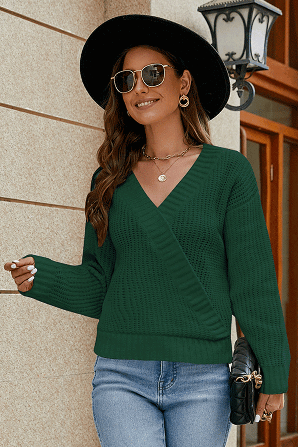 Surplice Neck Long Sleeve Sweater Fitggins