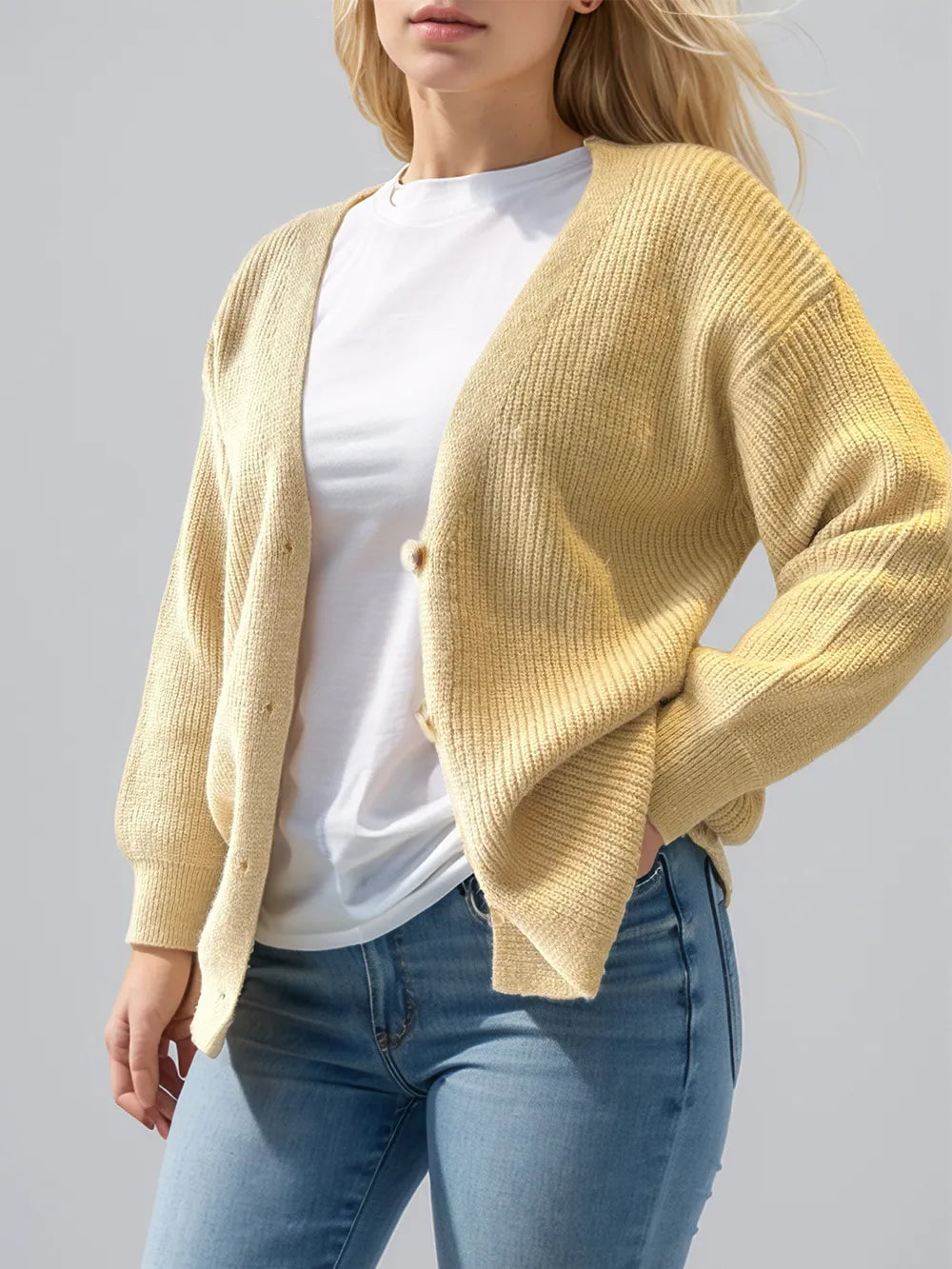 Button Down V-Neck Long Sleeve Cardigan Fitggins