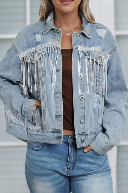 Sequin Fringe Trim Distressed Button Up Denim Jacket - Denim Jackets - FITGGINS