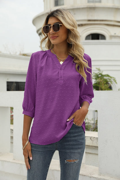 Swiss Dot Notched Neck Three-Quarter Sleeve Blouse Purple Fitggins