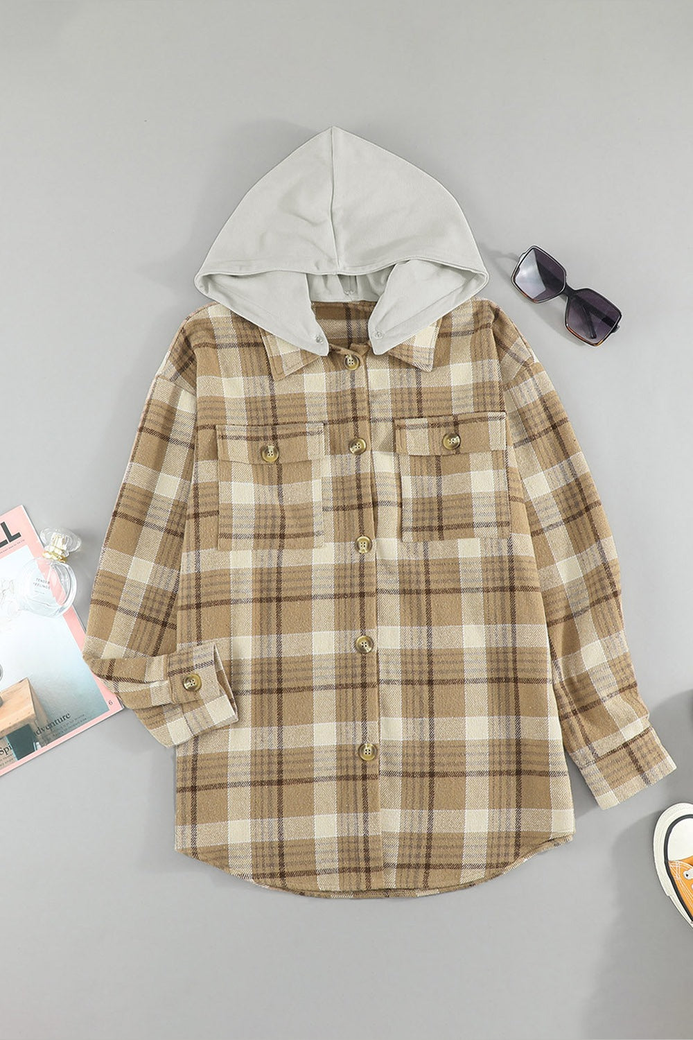 Plaid Button Up Long Sleeve Hooded Jacket - Jackets - FITGGINS