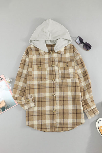 Plaid Button Up Long Sleeve Hooded Jacket - Jackets - FITGGINS