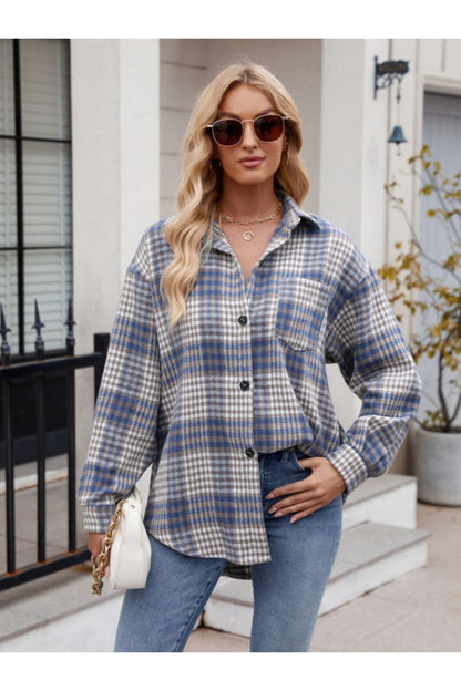 Mandy Pocketed Plaid Collared Neck Long Sleeve Shirt - Shirts - FITGGINS