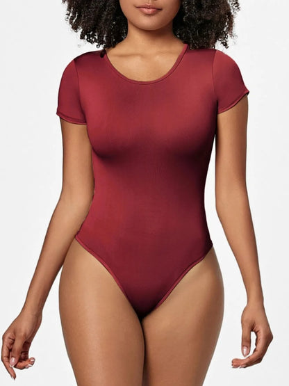 Full Size Round Neck Short Sleeve Bodysuit Burgundy Fitggins