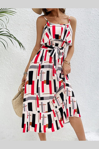 Ruffled Printed Tie Waist Midi Dress - Casual & Maxi Dresses - FITGGINS