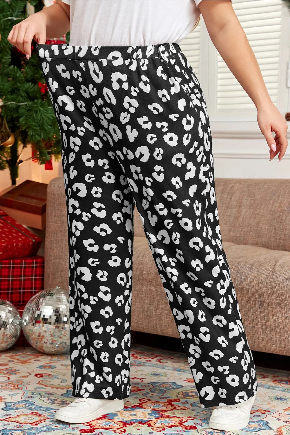 Plus Size Leopard Elastic Waist Pants - Pants - FITGGINS