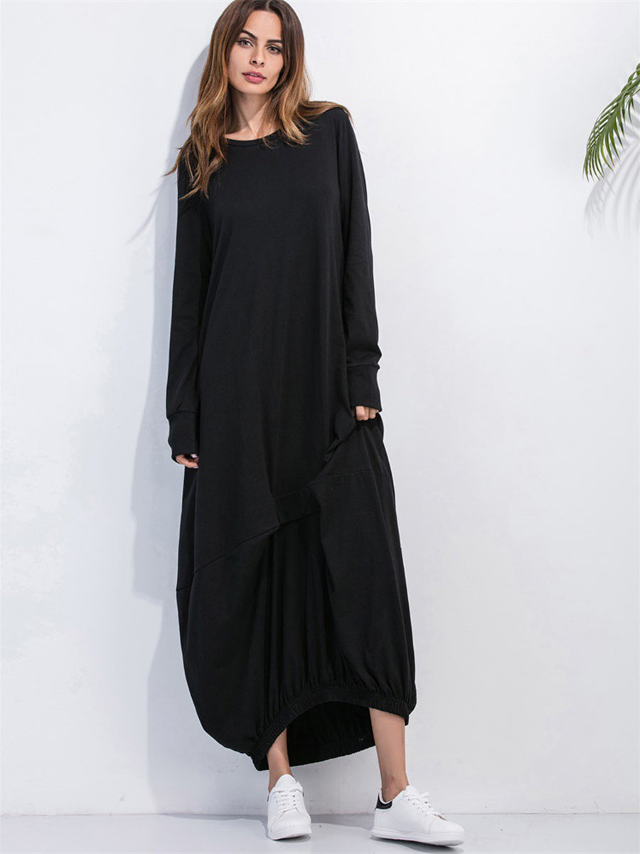 Full Size Round Neck Long Sleeve Sweatshirt Dress Black Fitggins