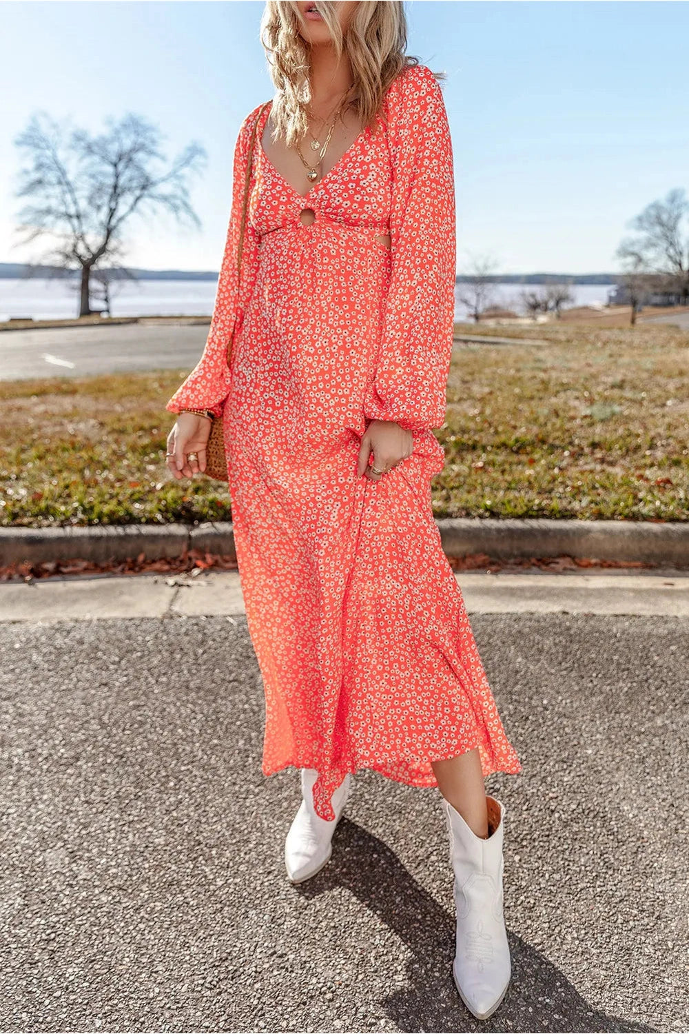 Printed V-Neck Long Sleeve Midi Dress - Casual & Maxi Dresses - FITGGINS